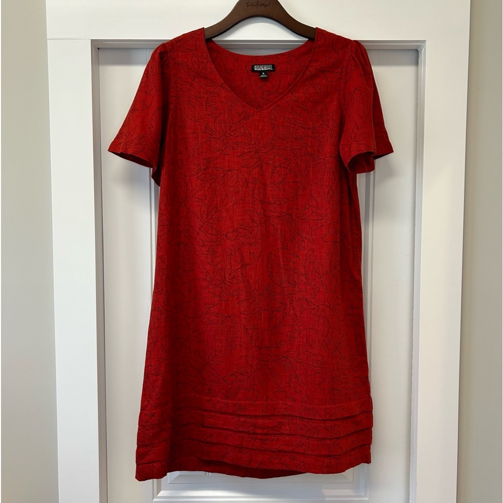 Nicole Miller Linen Blend Burnt Orange Rust Dress Botanical Leaf Print Size M